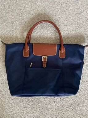Hexagona Navy and Brown Women's Tote Bag with Leather Trim